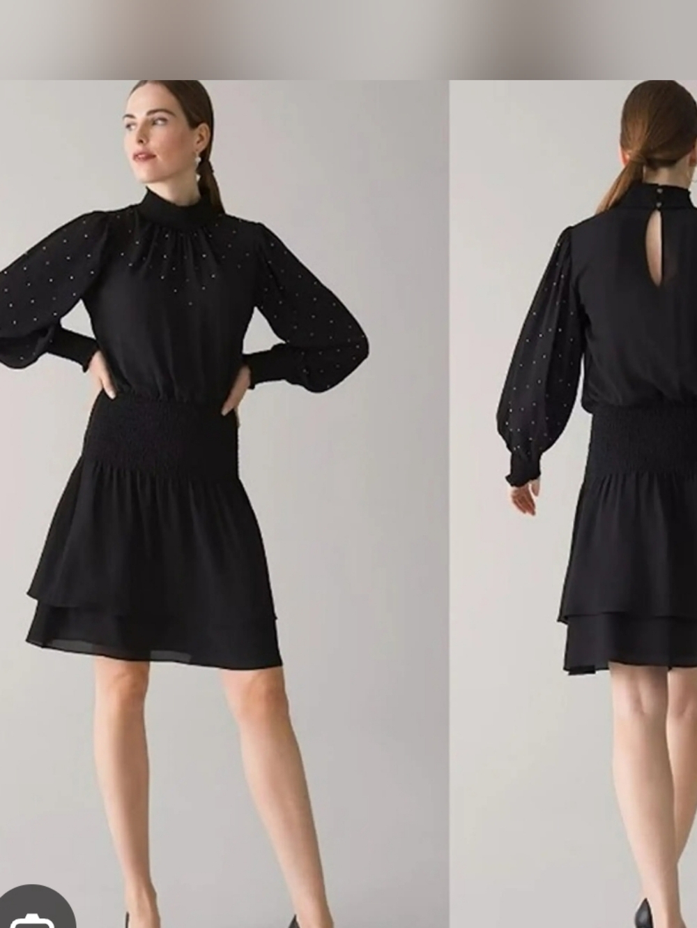 White House Black Market Rhinestone Long-Sleeve Smocked Waist Tiered Dress